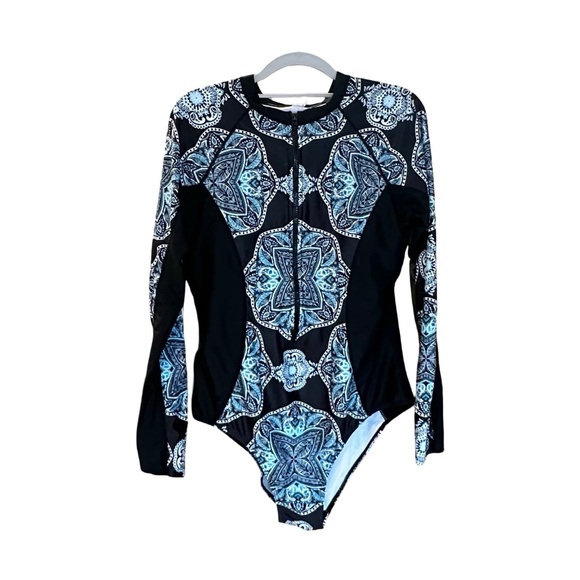 Other - Elegant Black and Blue Geometric Long Sleeve Swimsuit